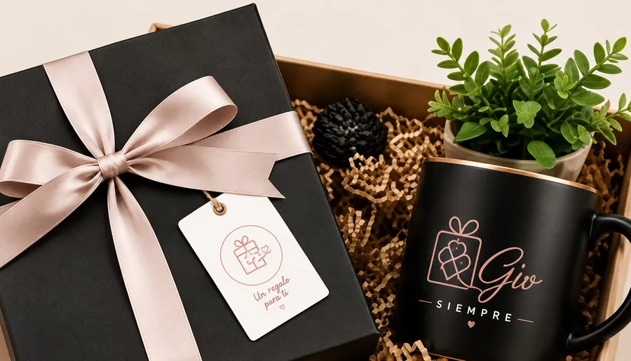 Caja de regalo corporativo con cinta, taza y planta