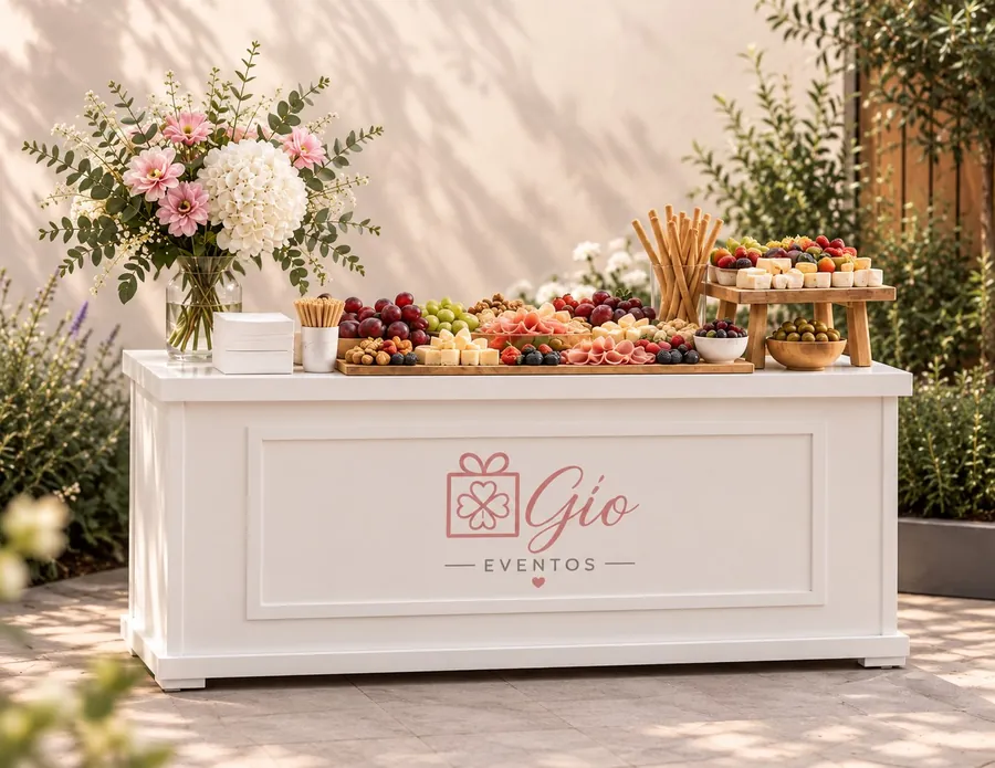 Mesa de banquetería con flores, frutas, quesos y aperitivos de Gio Eventos