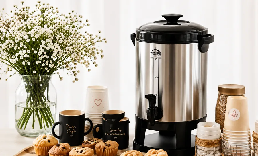 Servicio de coffee break con café, pasteles y flores