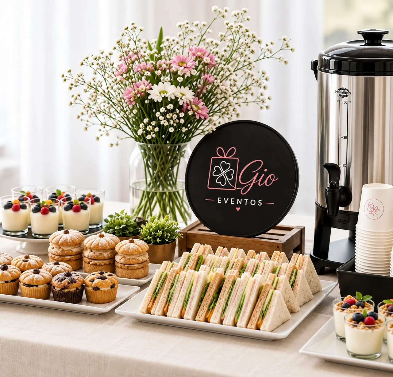 Mesa de coffee break con sándwiches, muffins, postres individuales, flores y termo de café con el logo de Gio Eventos